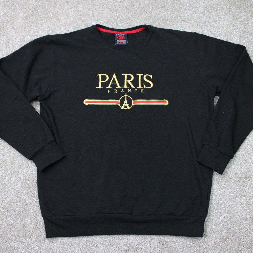 Paris Sweatshirt Mens Large Black France Authentic 100% Cotton Pullover Sweater